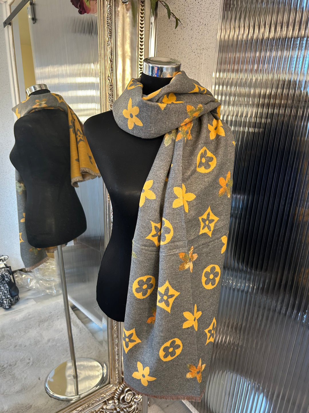 floral patterned scarf in grey and mustard large flower monogram 