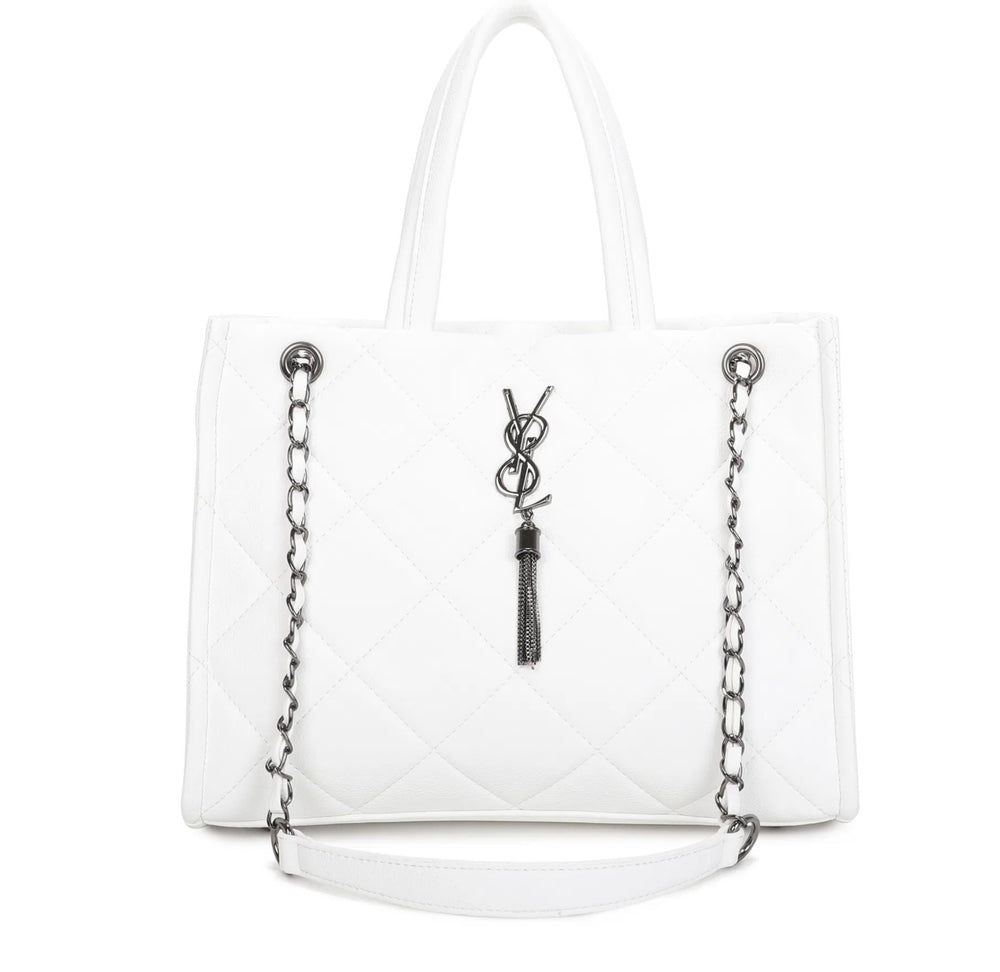 White handbag with chain strap and tassel 