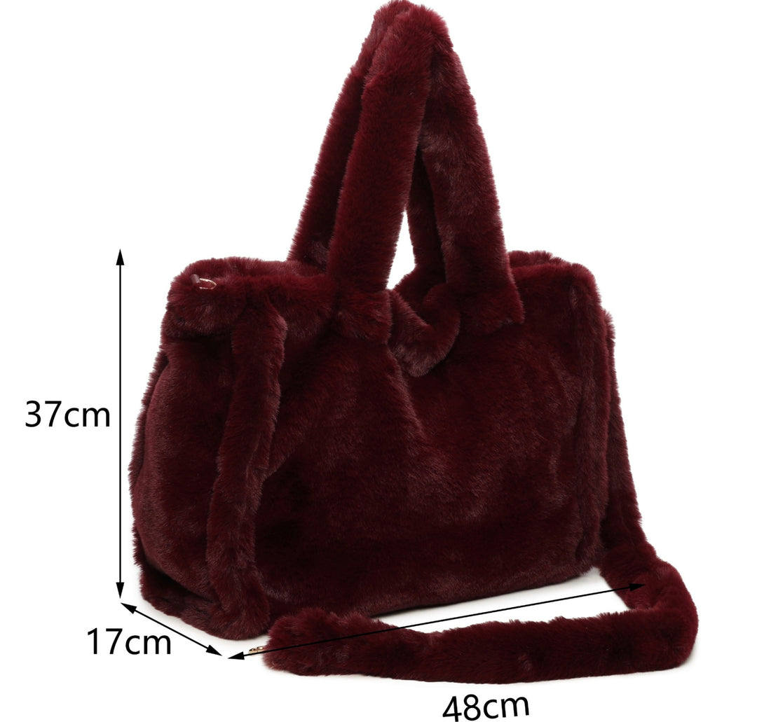 Wine faux fur tote bag with top handles and matching shoulder strap