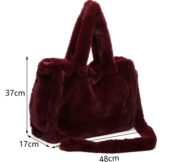 Wine faux fur tote bag with top handles and matching shoulder strap