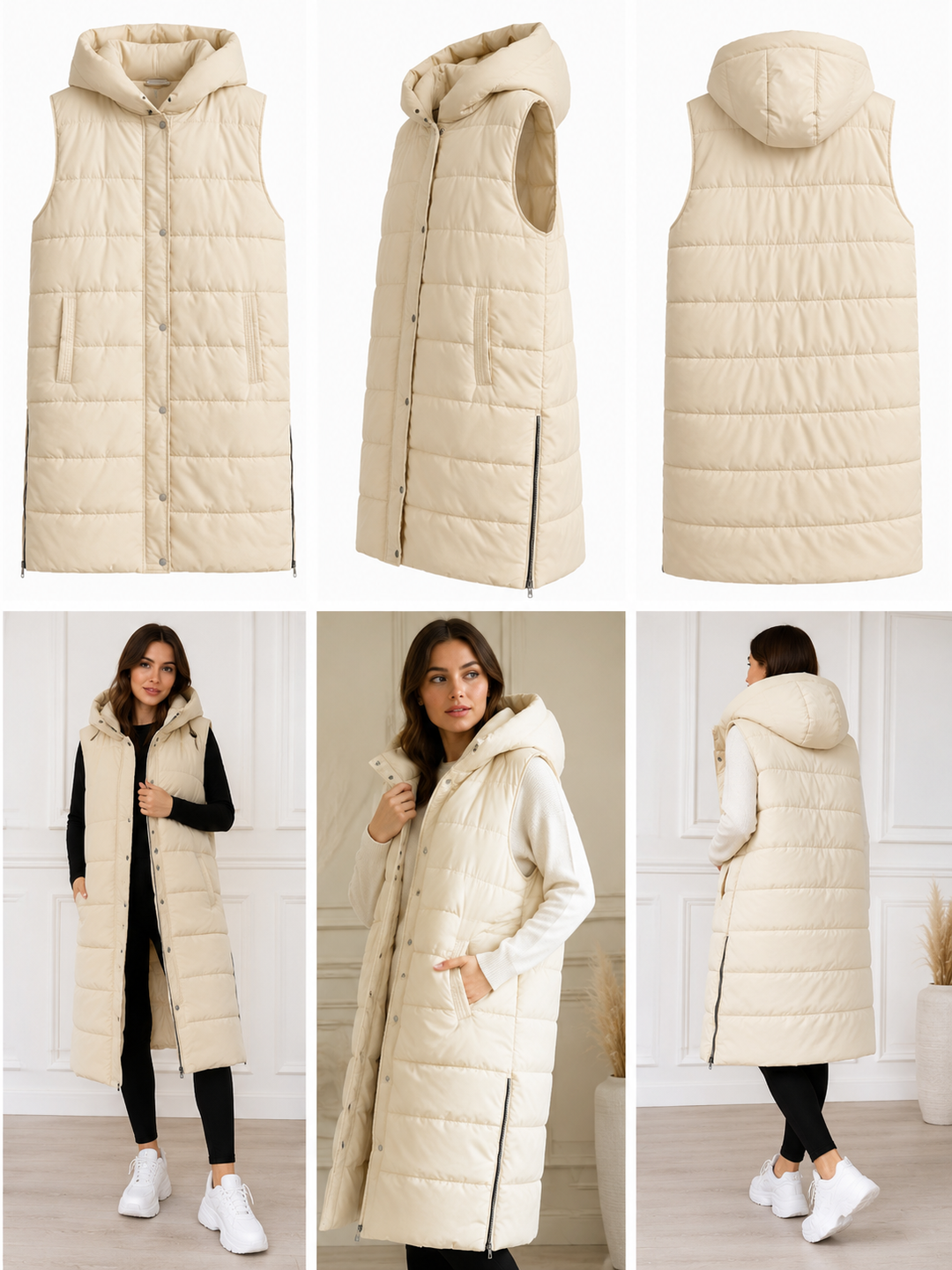 Long cream padded gilet with hood, quilted design and front zip fastening, sleeveless puffer bodywarmer with pockets