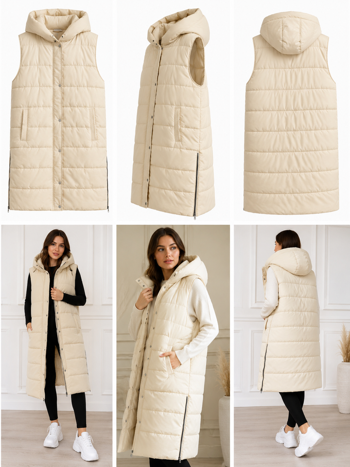 Long cream padded gilet with hood, quilted design and front zip fastening, sleeveless puffer bodywarmer with pockets
