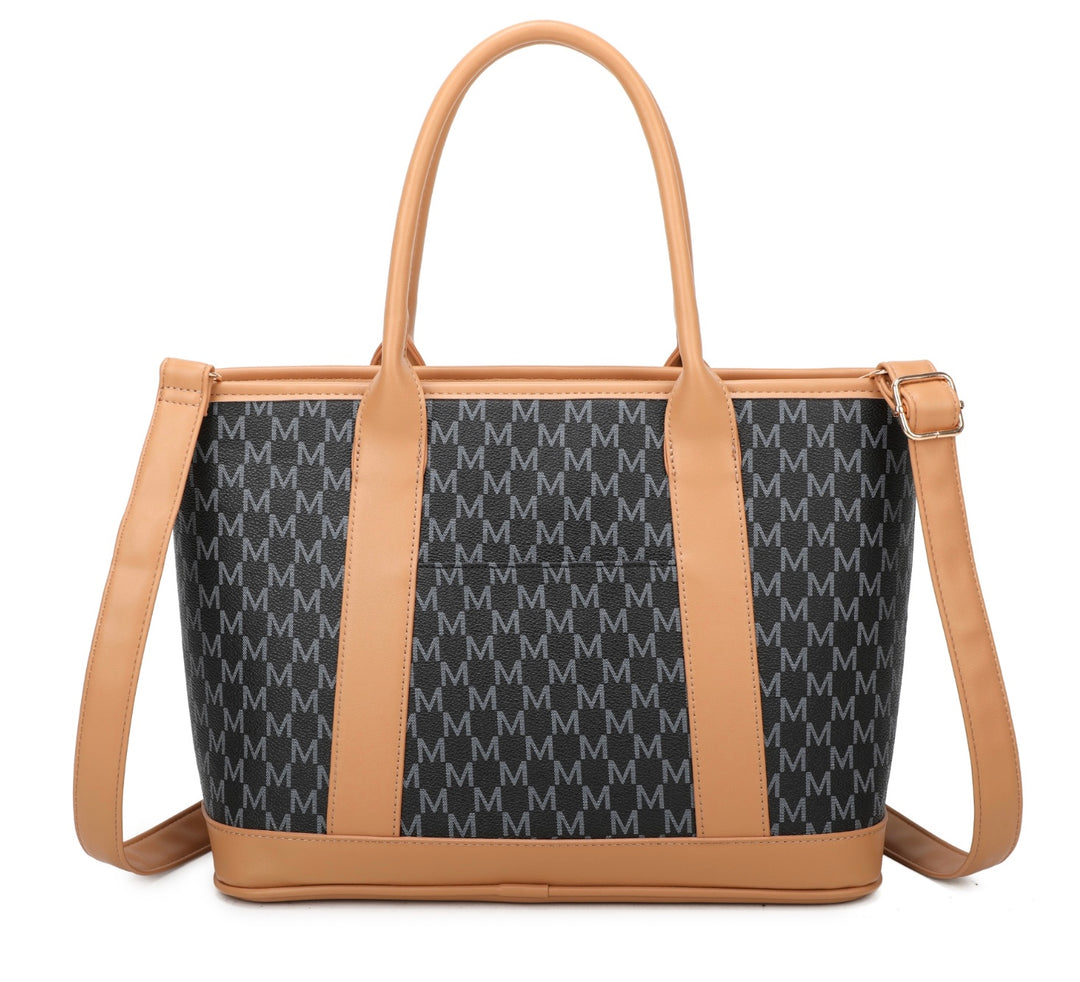 Navy structured tote bag with double handles and gold hardware