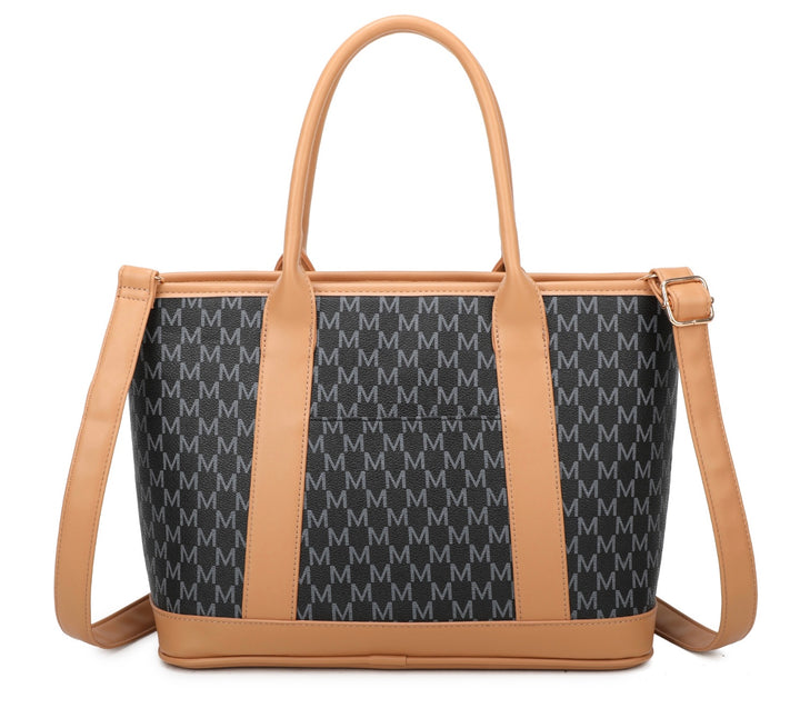 Navy structured tote bag with double handles and gold hardware