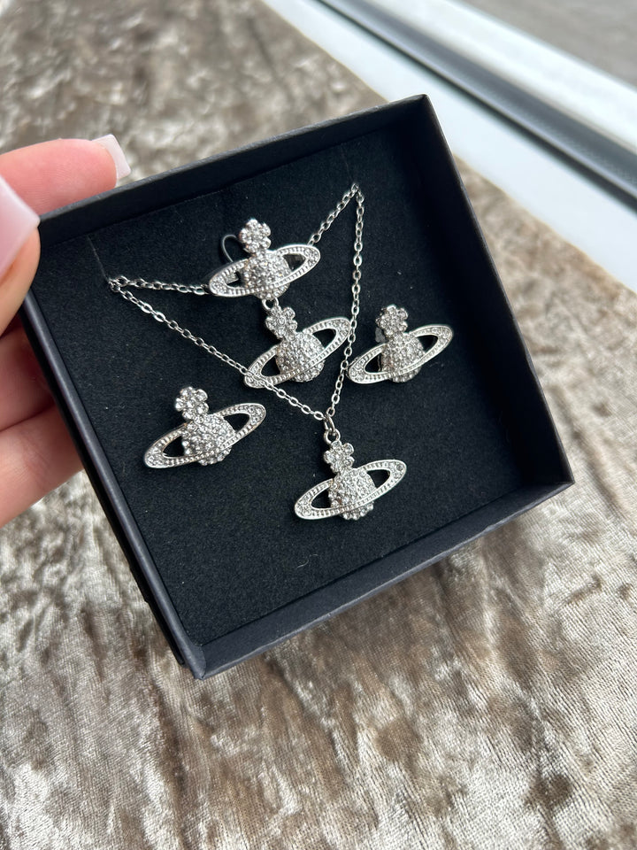Silvery crystal detail planet orb style jewellery set 