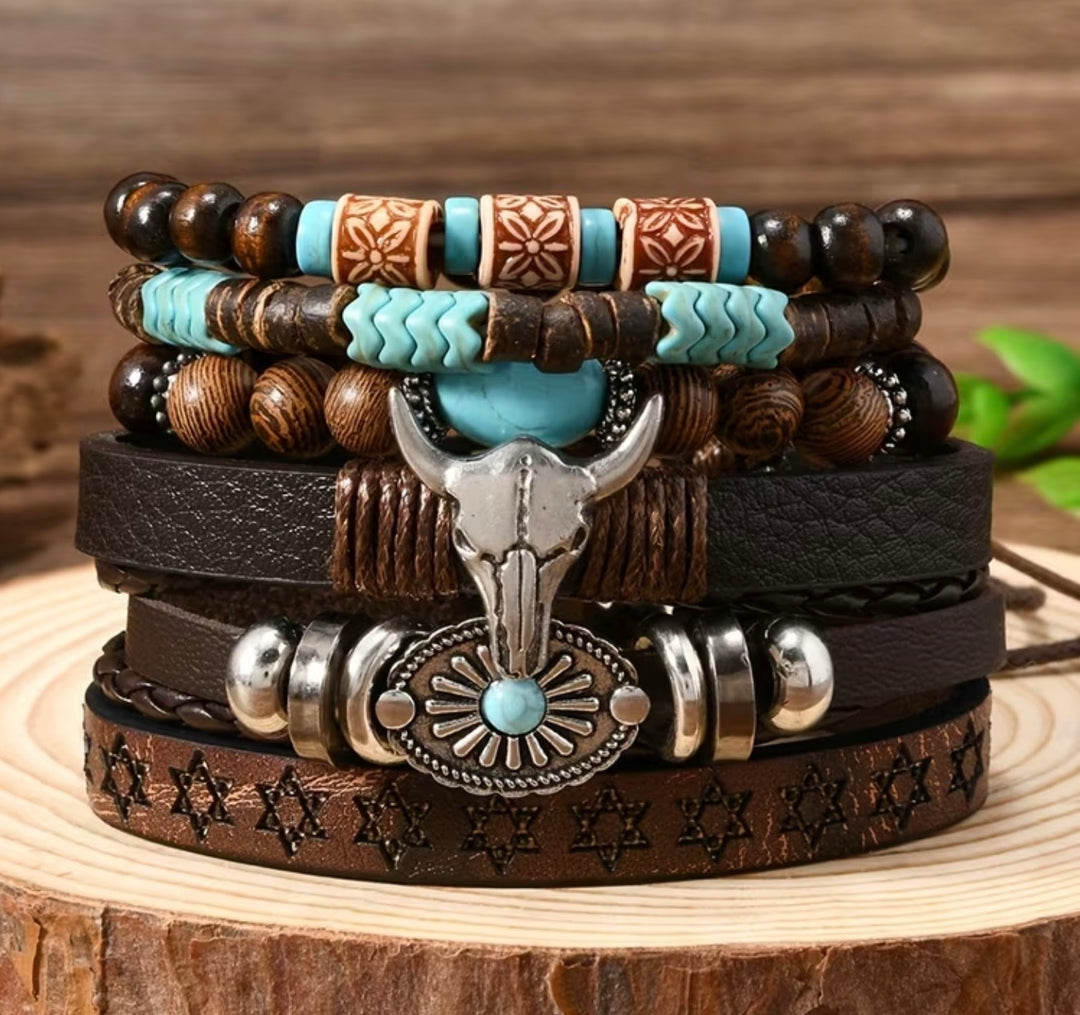 Six piece brown and turquoise Western boho bracelet set with beads, leather-look bands and silver-tone details