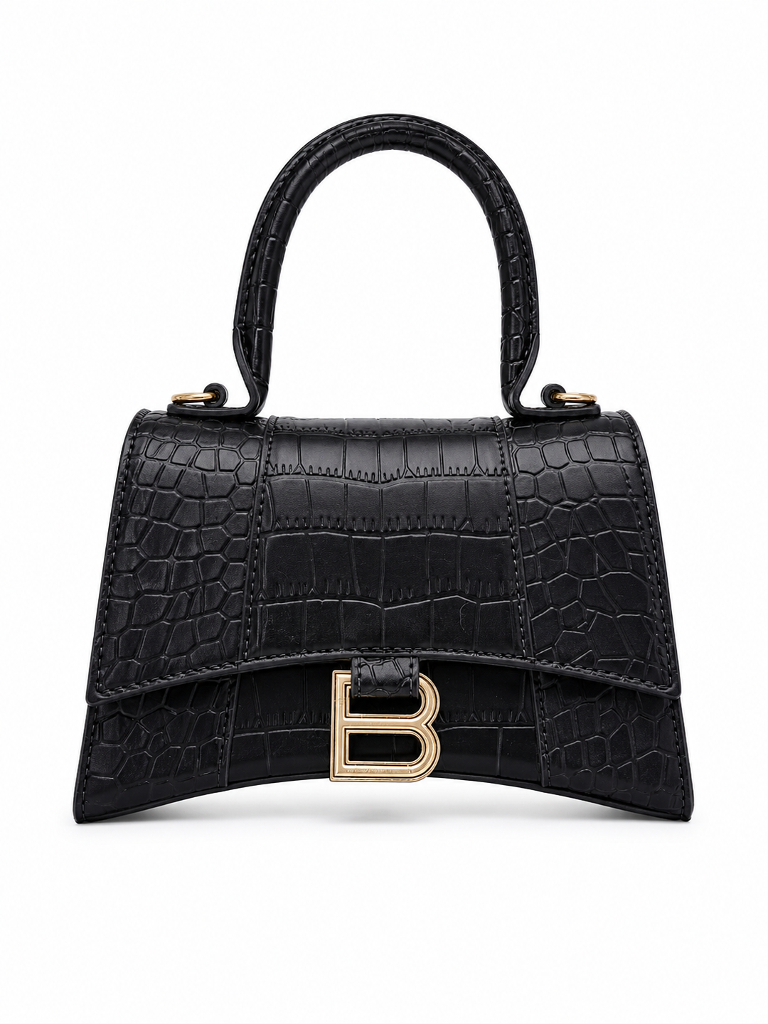 Black Croc Effect Top Handle Hourglass Handbag | Structured Grab Bag