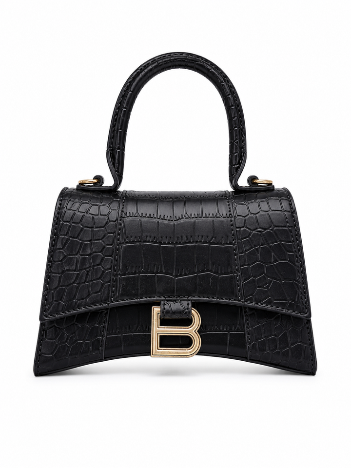 Black Croc Effect Top Handle Hourglass Handbag | Structured Grab Bag