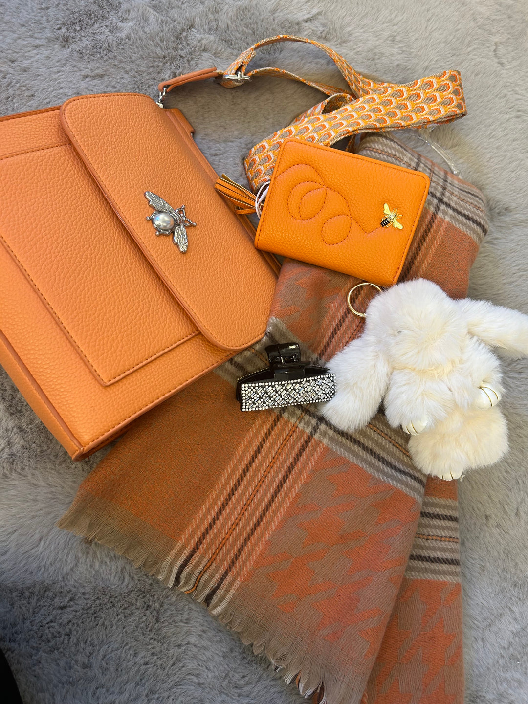 orange themed handbag bundle with crossbody bag. keyring, purse, scarf and hair clip