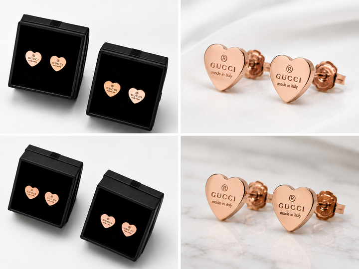 Rose gold heart stud earrings displayed in black jewellery gift boxes 