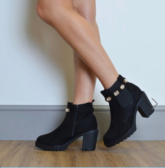 Crystal detail black faux suede ankle boots