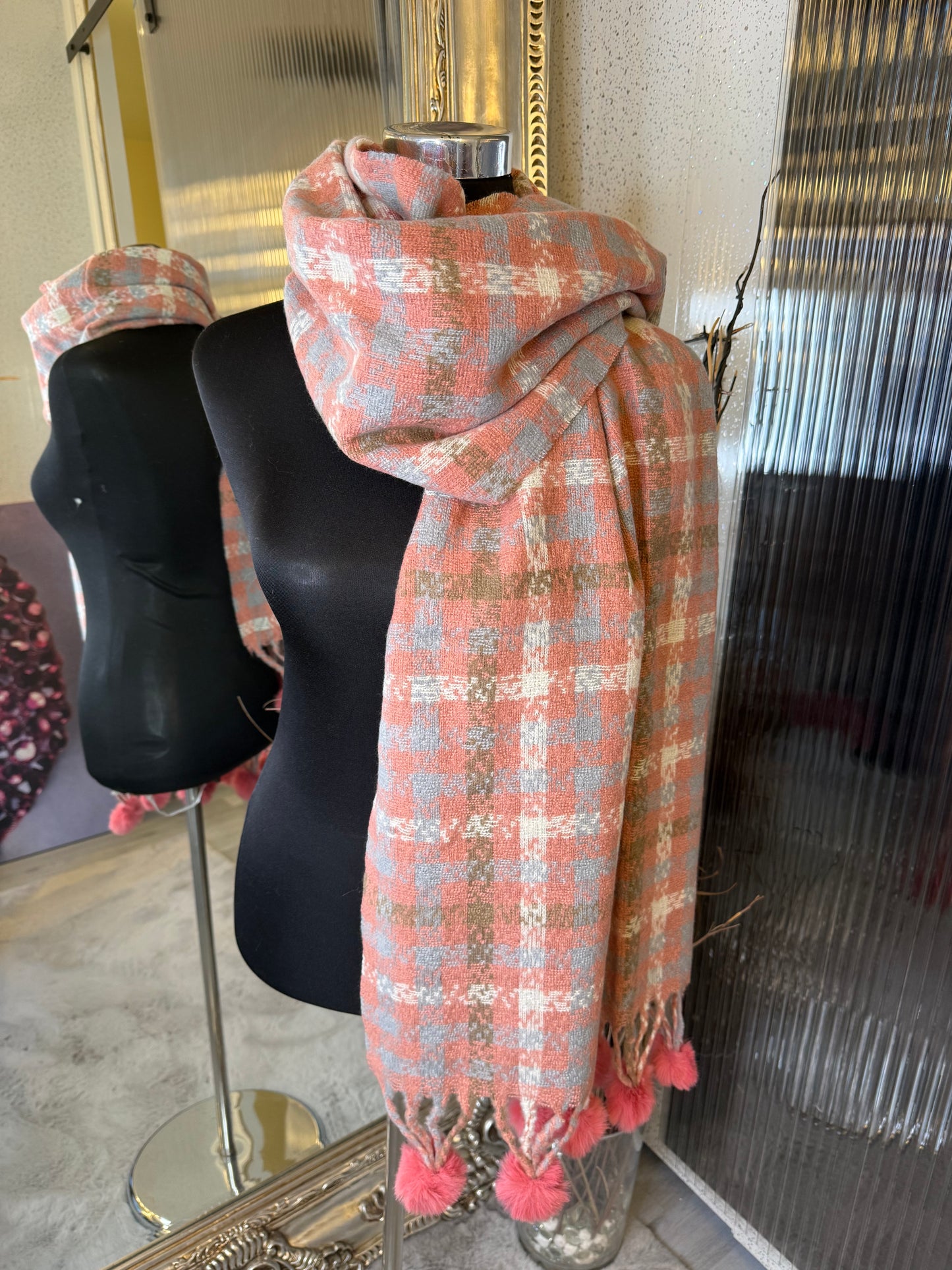 Checked Pom Pom scarf