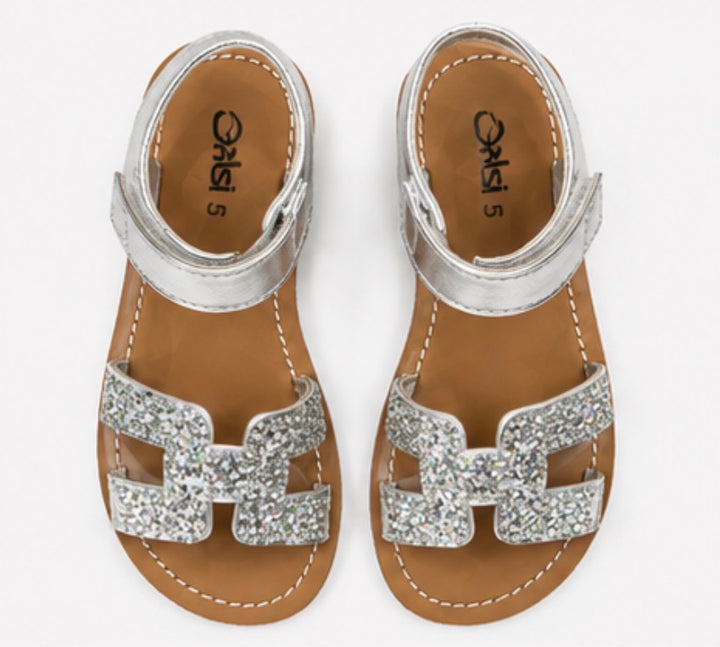 Girls silver glitter buckle sandals with metallic ankle strap and flat sole