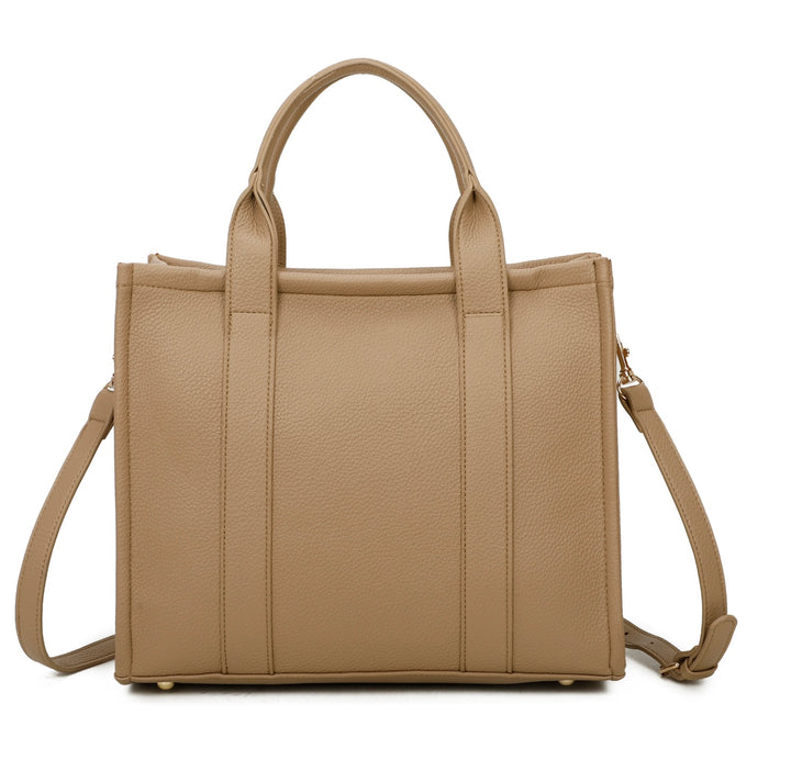 A beige tote bag with embossed ‘The Tote Bag’ text, structured design with top handles and detachable shoulder strap