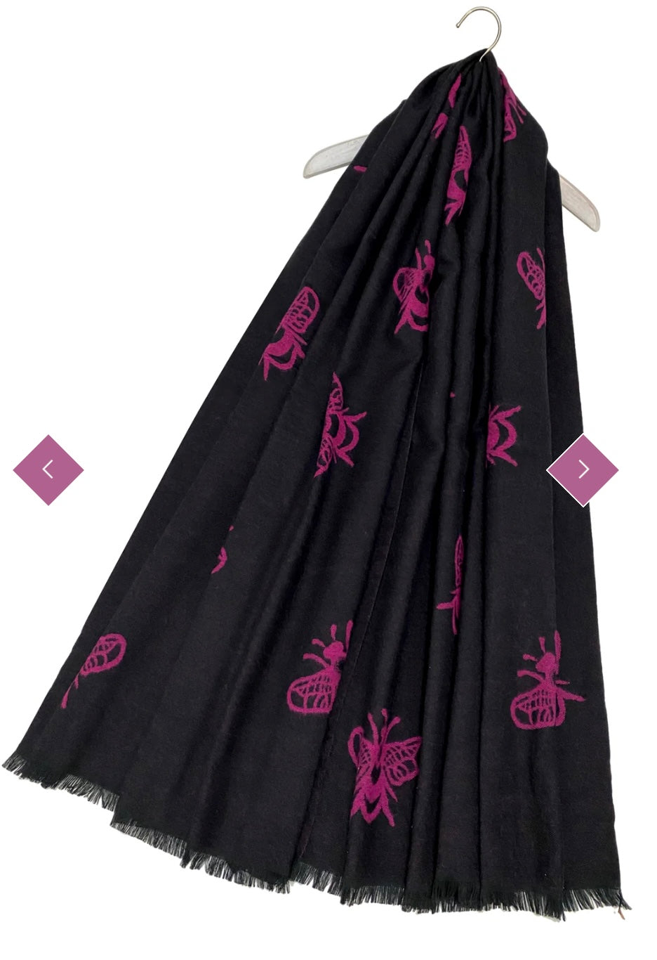 A black scarf with a bee print