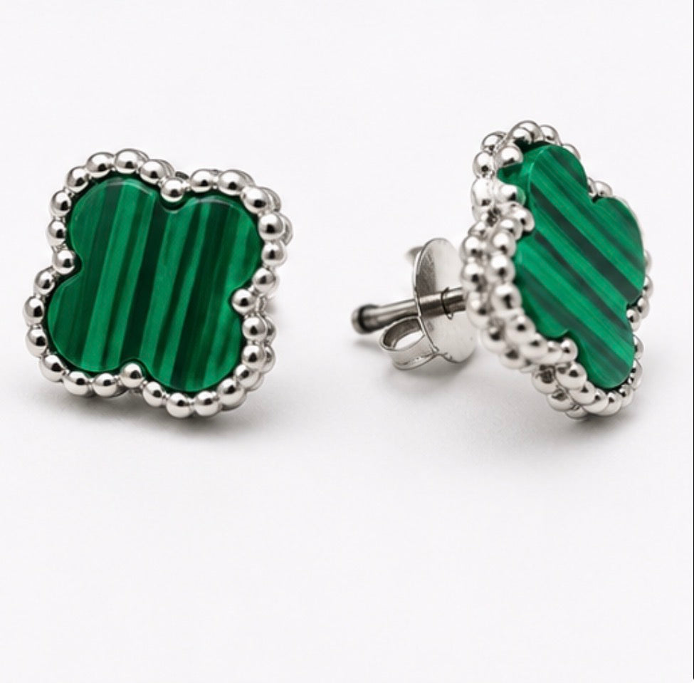 Green clover shaped stud earrings with striped stone effect centre and silver tone beaded edging