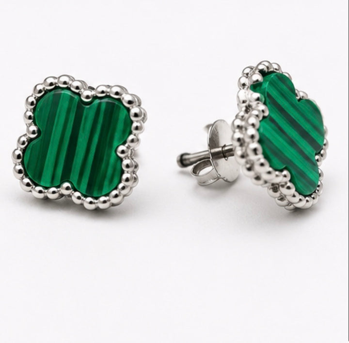 Green clover shaped stud earrings with striped stone effect centre and silver tone beaded edging