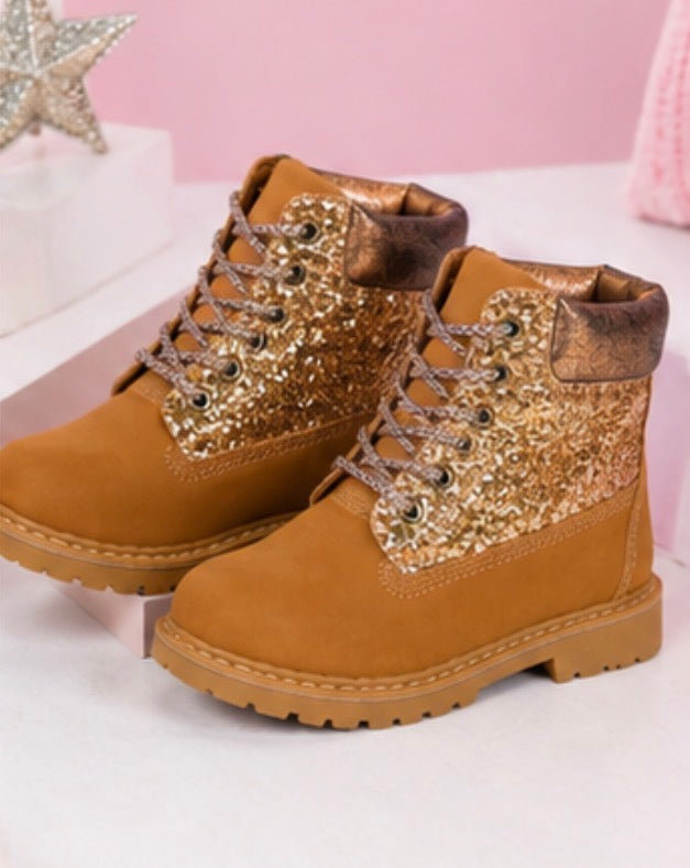 Girls glitter lace-up ankle boots in black and tan with chunky sole
