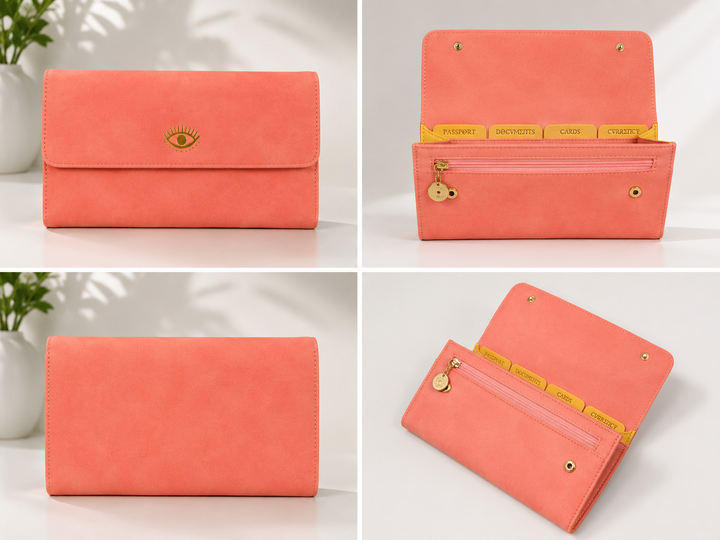 Salmon pink travel wallet purse with gold hardware 
