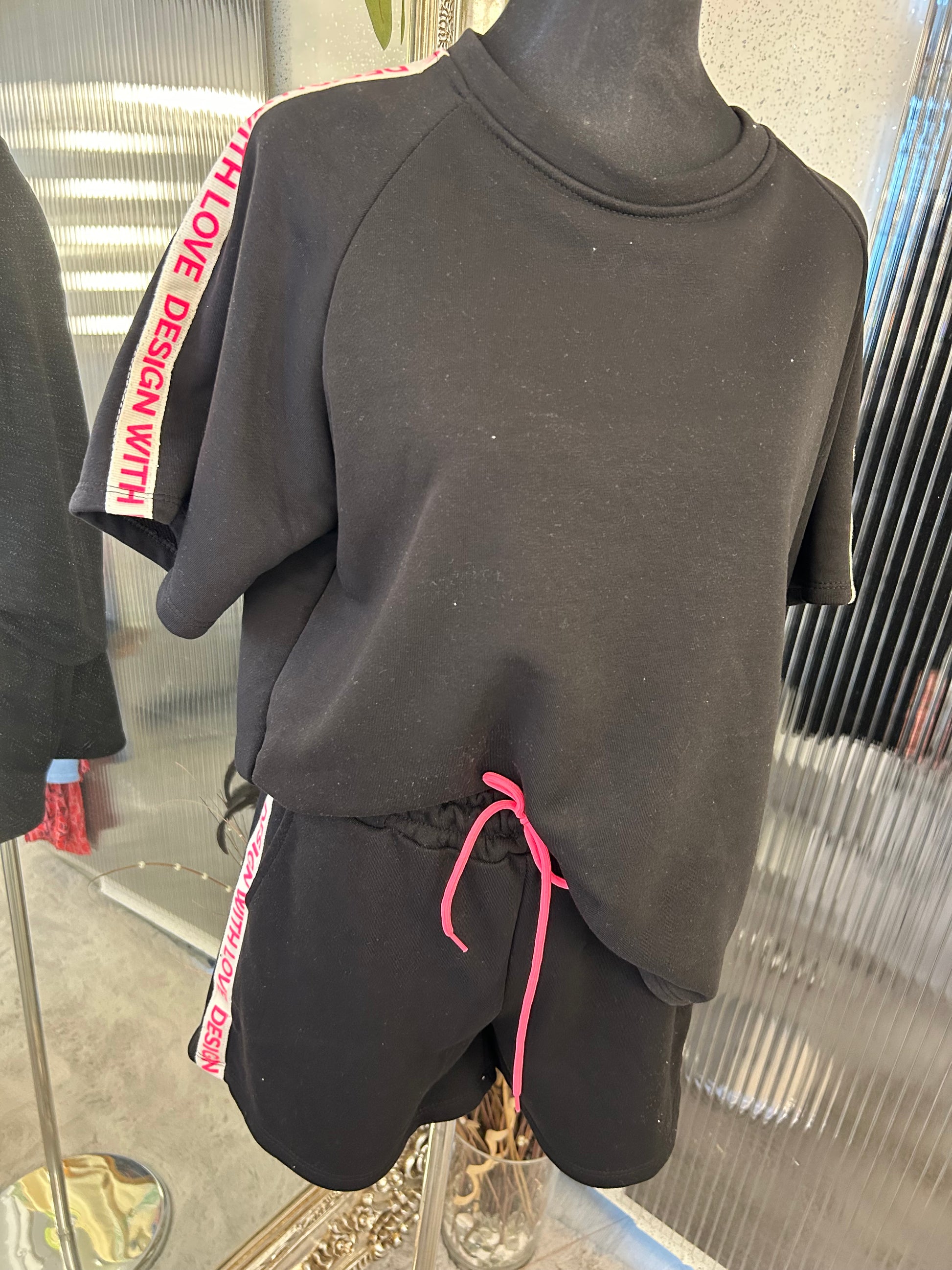 Black shirt set with pink letter detail 