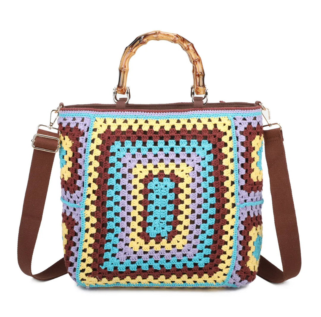 Brown based crochet grab bags with bamboo handles and a top zip closure