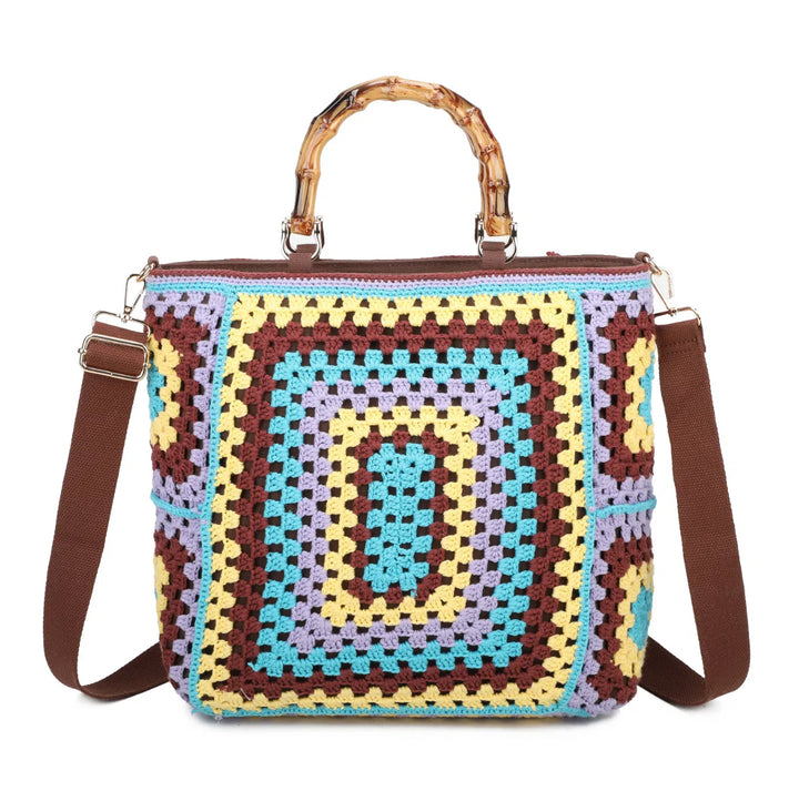 Brown based crochet grab bags with bamboo handles and a top zip closure