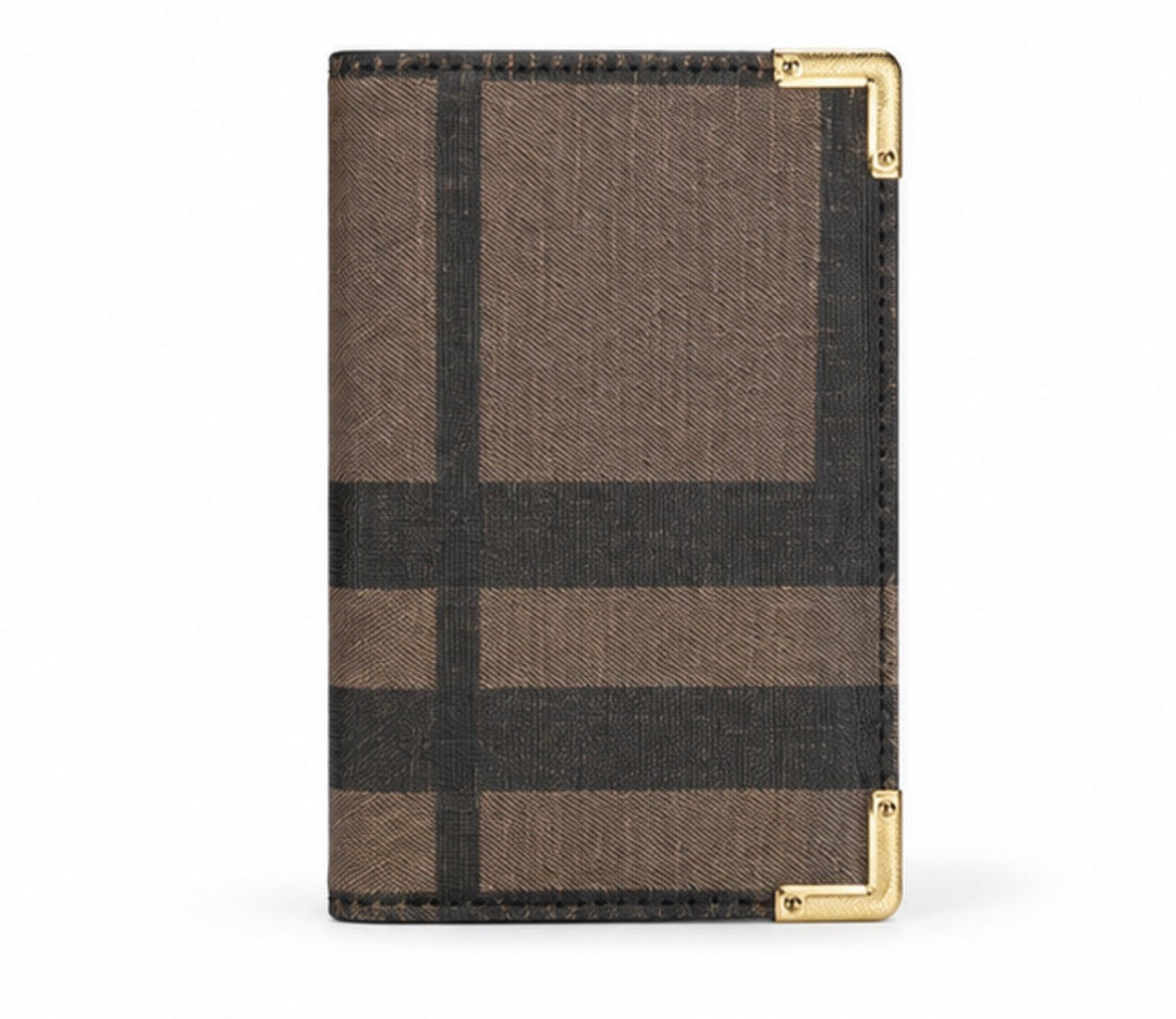 Brown checked detailed purse with gold hardware 