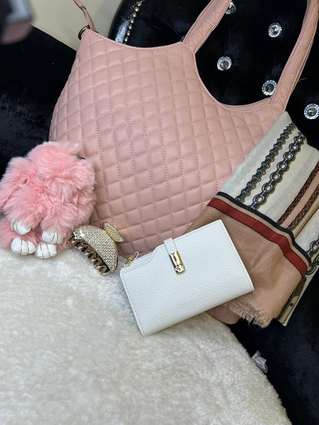 pink handbag bundle with a complimenting scarf, keyring, purse and hair clip