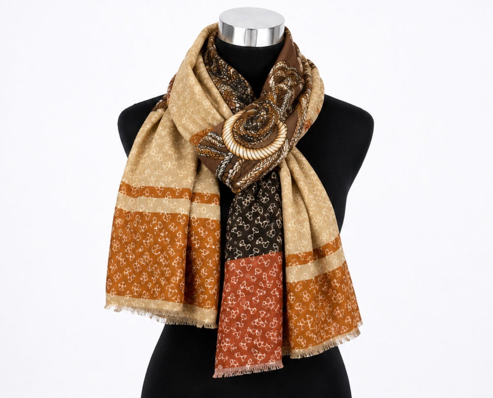 Beige rust and brown heritage print ladies scarf wrapped