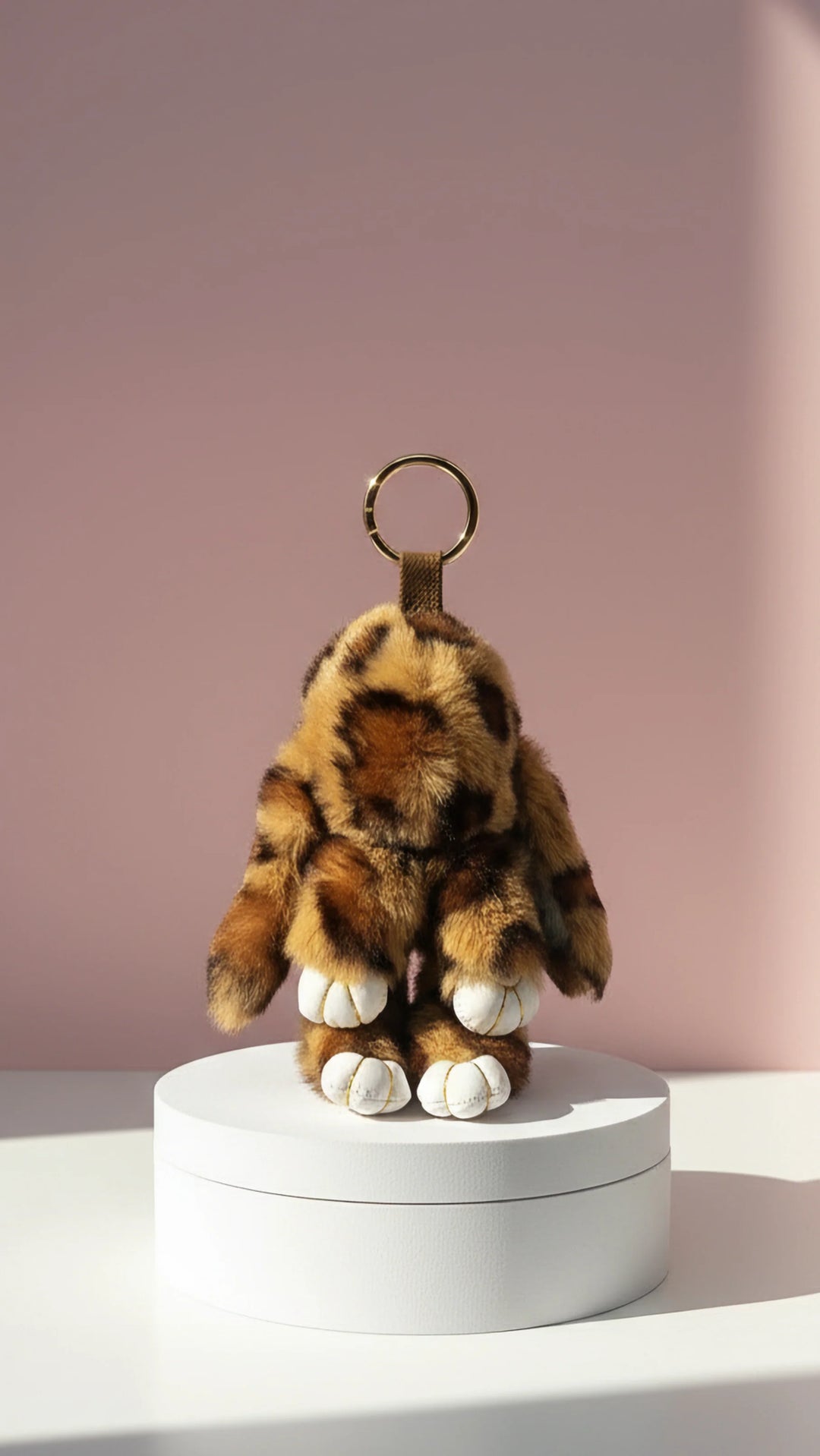 Brown fluffy leopard print bunny key ring 