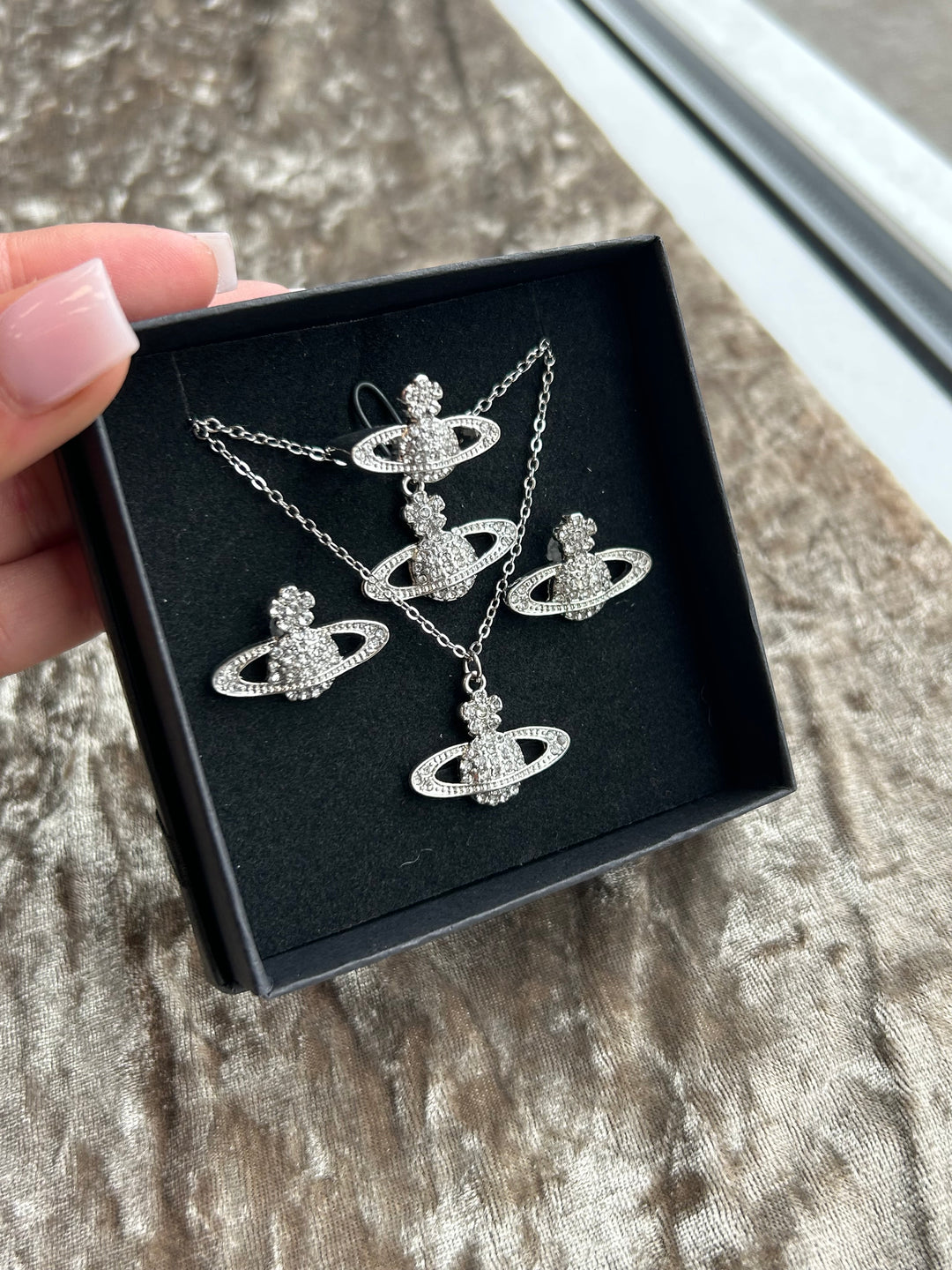 Silvery crystal detail planet orb style jewellery set 