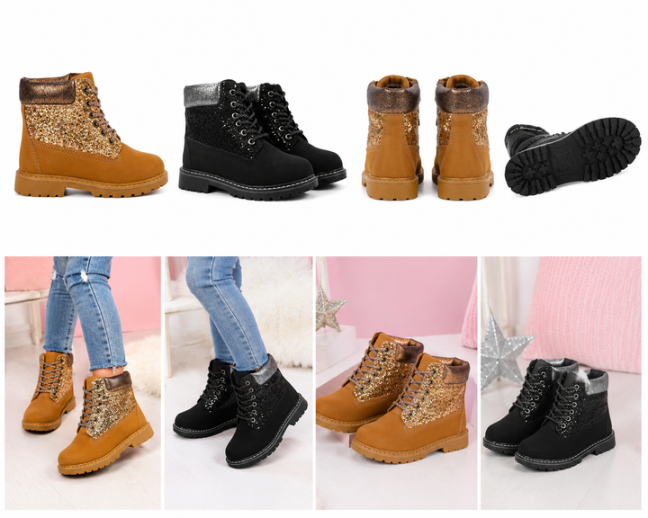 Girls glitter lace-up ankle boots in black and tan with chunky sole