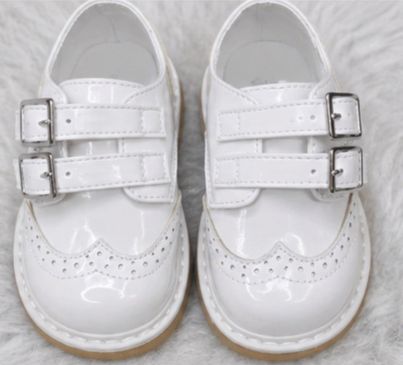 White patent toddler Spanish shoes with double buckle strap