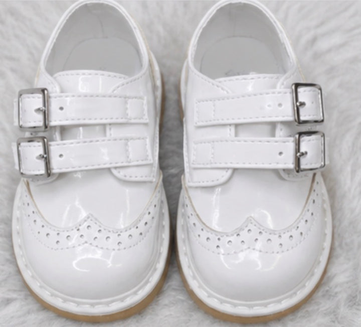 White patent toddler Spanish shoes with double buckle strap