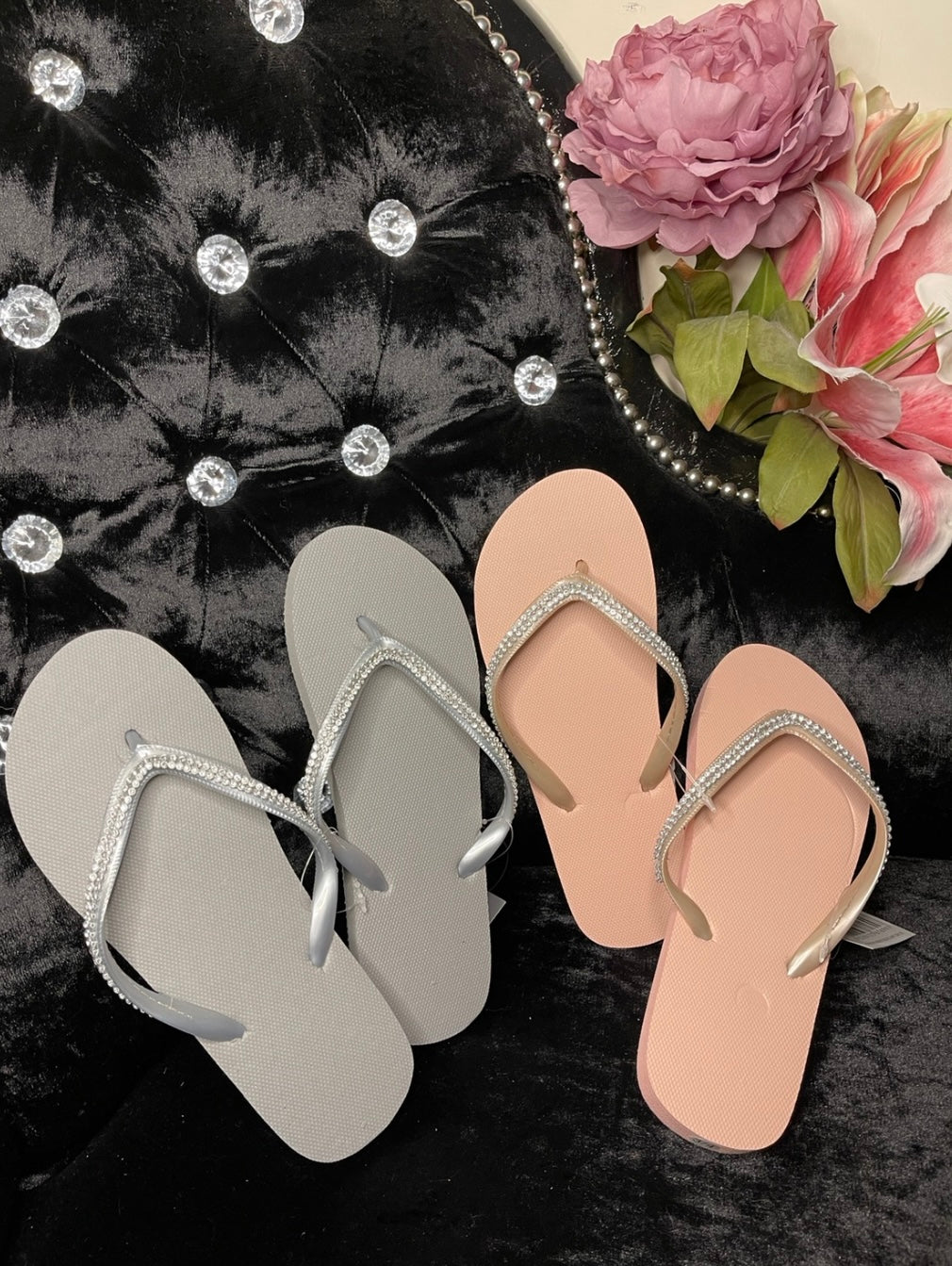 Crystal detail bling flip flops blush pink or grey