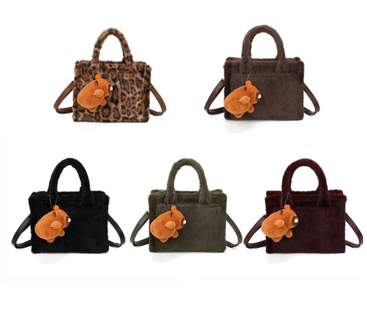 faux-fur tote bags with teddy bear keychains in leopard, brown, black, khaki, and wine. 