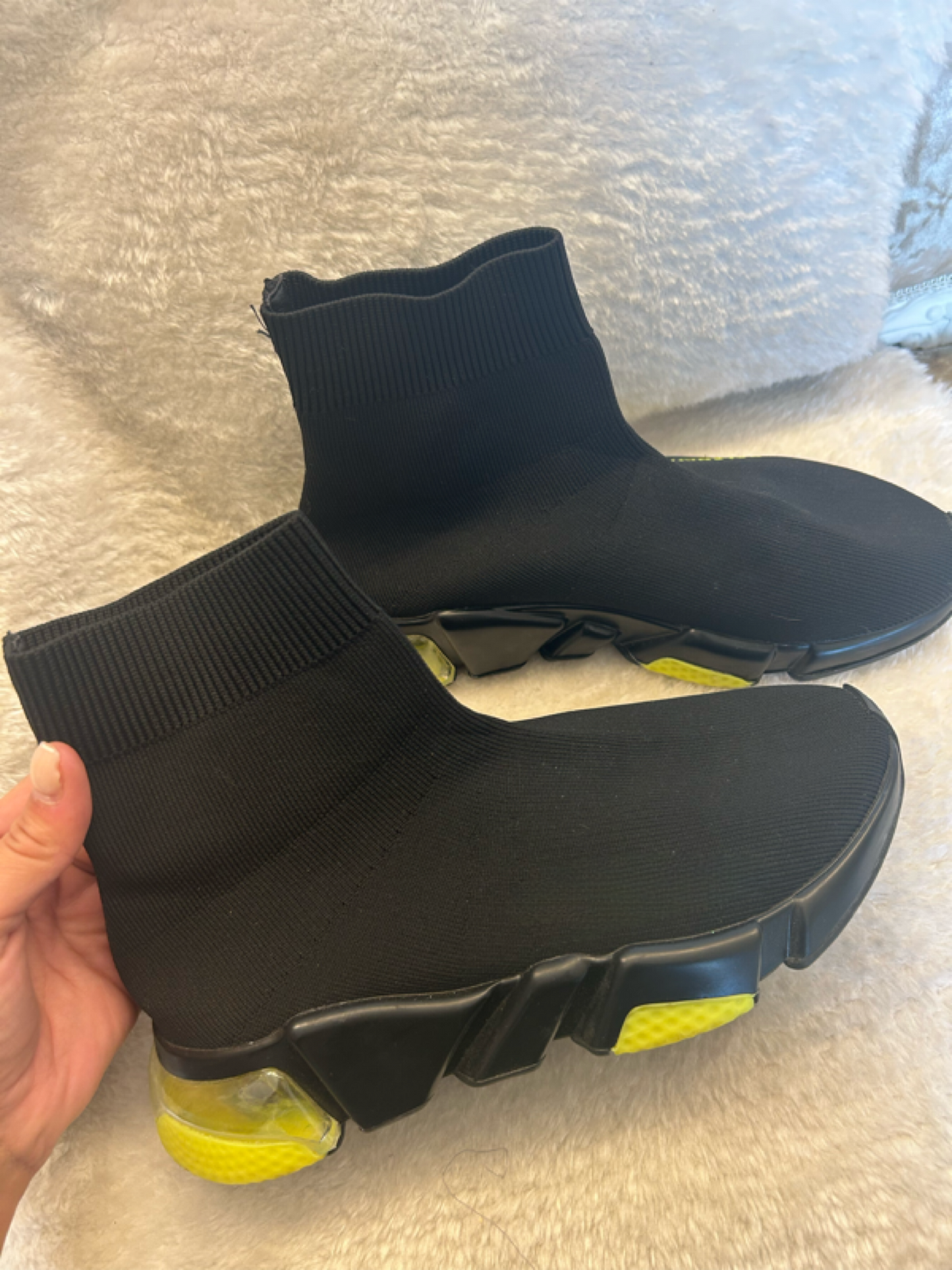 Black and yellow rubber sole sock trainers boot 