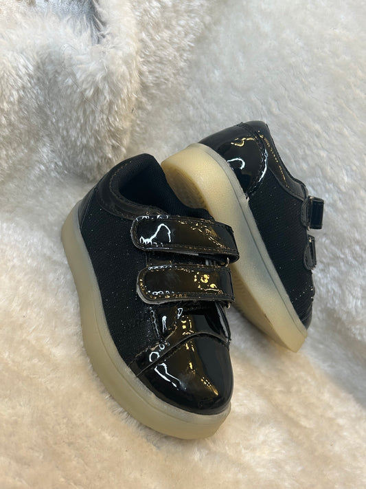 Children’s black patent and fabric trainers with double velcro straps and chunky light sole