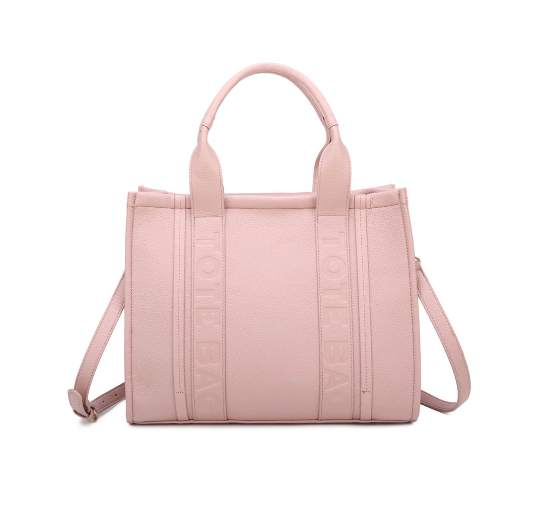 A large stripe print tote bag with double handles and a detachable adjustable long strap in light pink 
