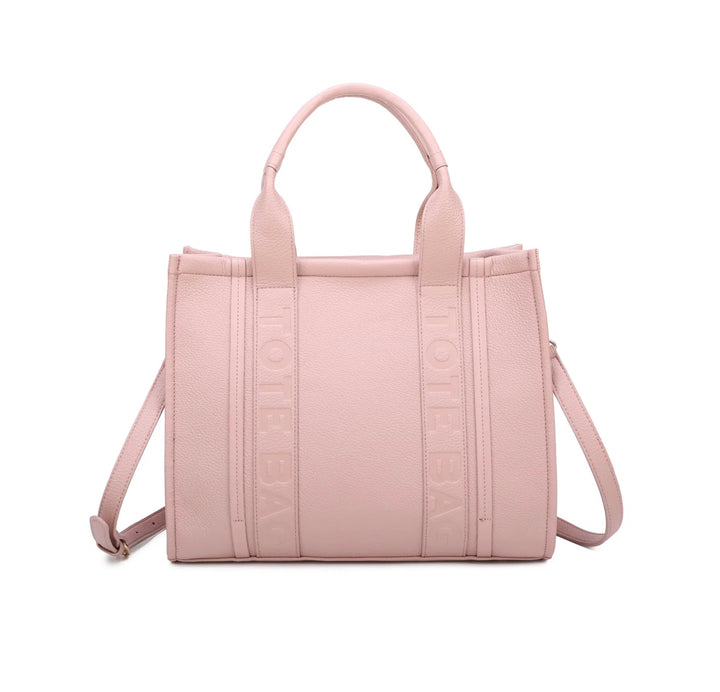 A large stripe print tote bag with double handles and a detachable adjustable long strap in light pink 