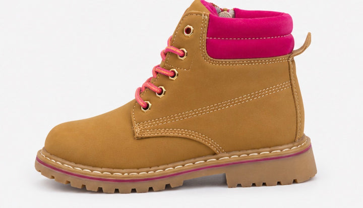 Girls camel lace-up ankle boots with burgundy or hot pink padded collar and matching laces