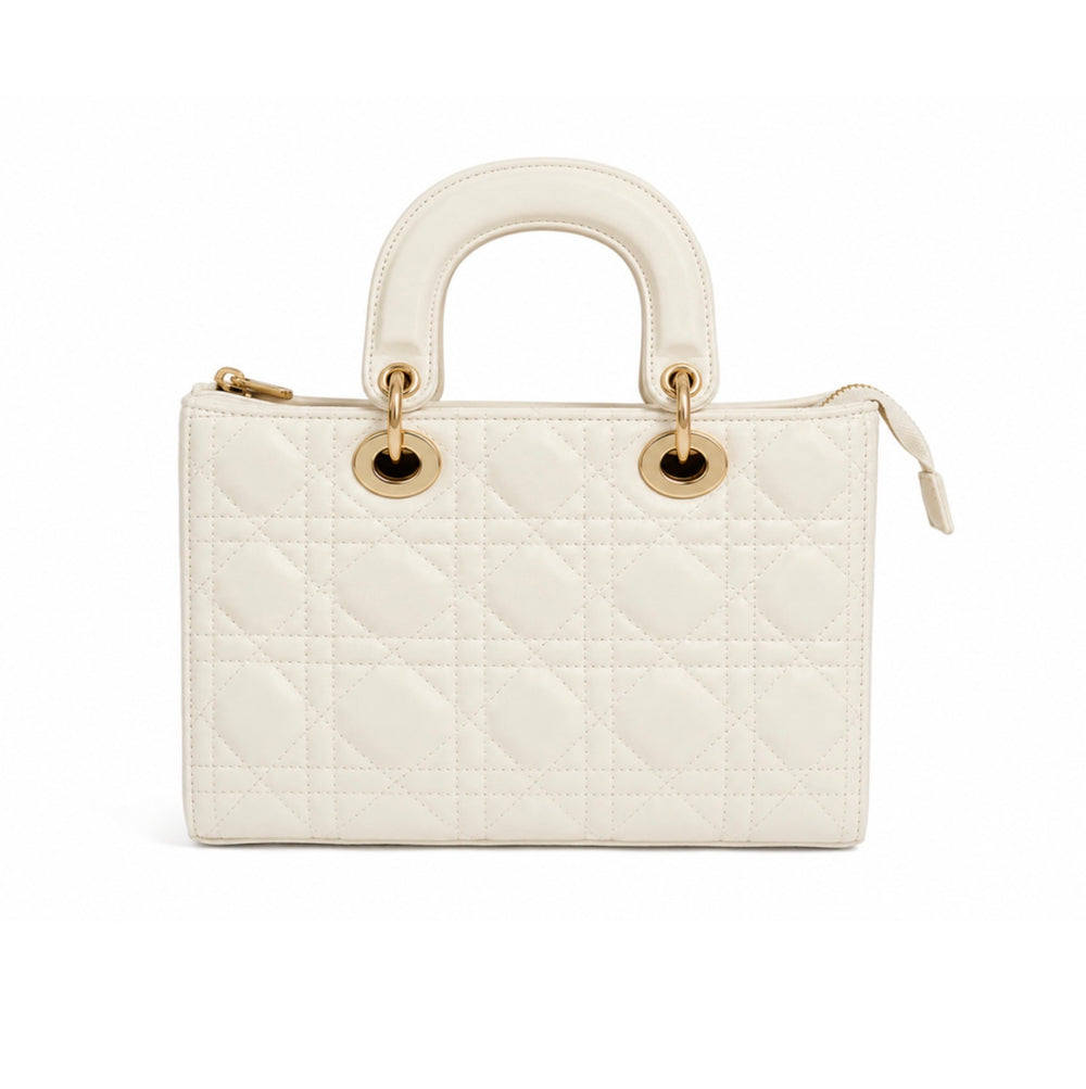 An off-white quilted leather handbag with a top handle, gold-tone hardware, and a zip-around closure, shown against a plain white background.