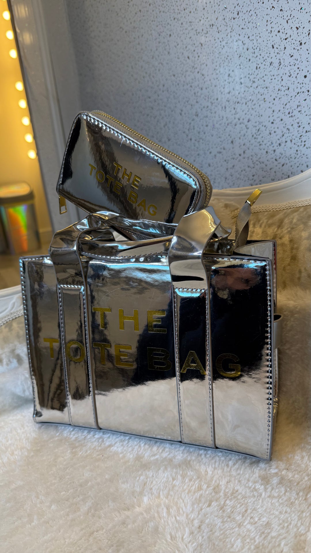Metallic patent small tote bag and purse set