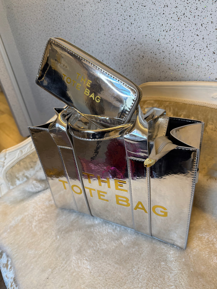 Metallic patent large tote bag and purse set