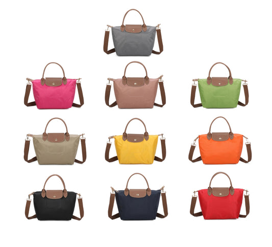 foldable tote handbags in assorted colours each with brown handles and a detachable shoulder strap