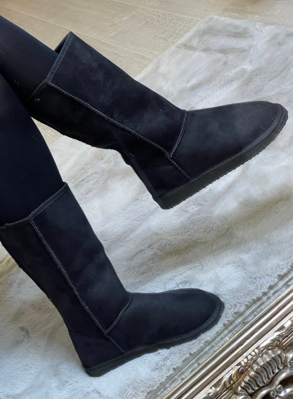 Faux fur lined winter boots, faux suede black, tall or mid length