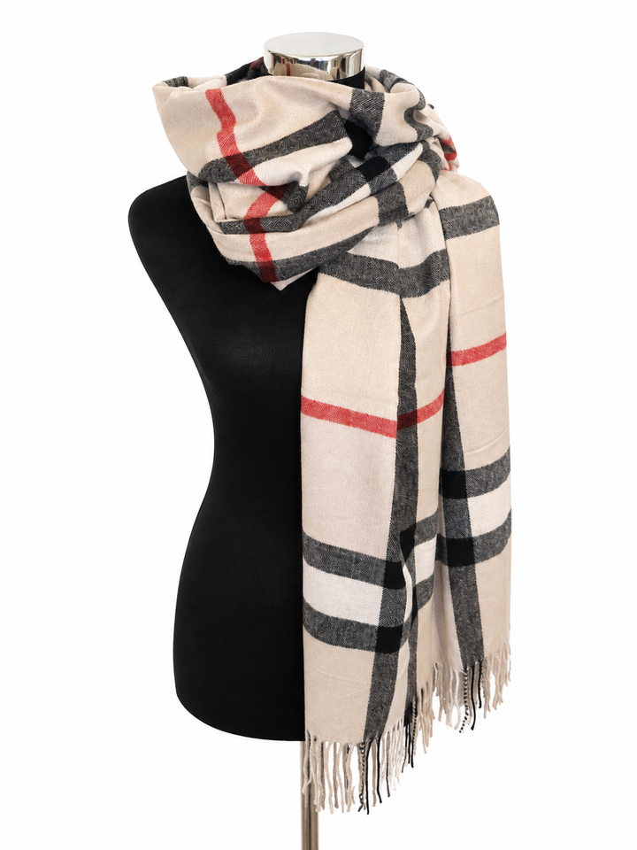 Beige oversized check scarf with black grey and red stripes styled