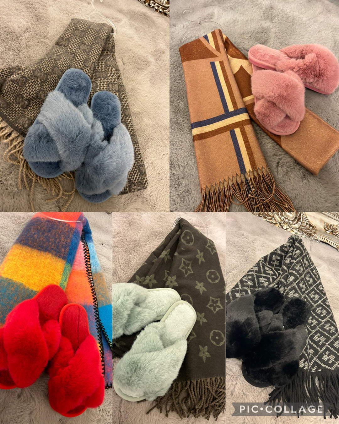 A collage of four images showcasing a variety of open-toe slippers and scarves. The slippers come in different available colours and a pair is displayed in each of the four images.