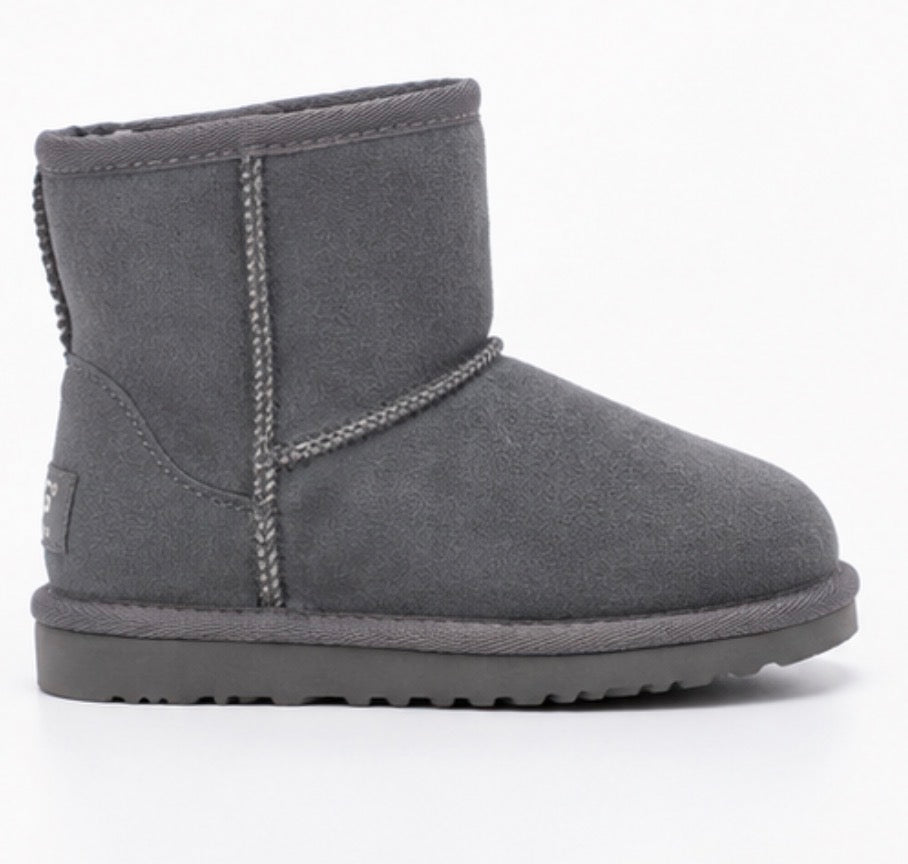 Grey children’s faux suede winter boots with soft faux fur lining