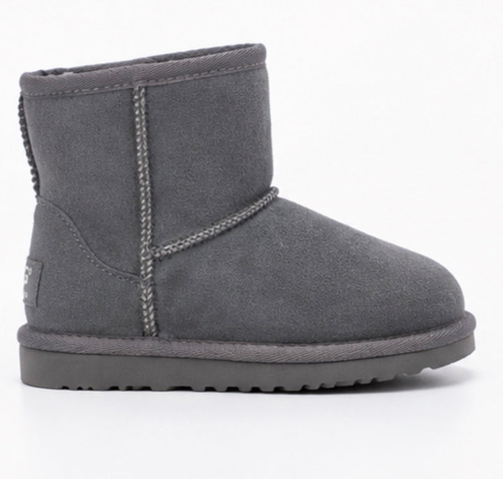 Grey children’s faux suede winter boots with soft faux fur lining